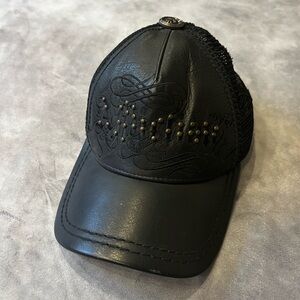 Affliction Live Fast Black Studded Leather-look Embroidered Trucker Cap